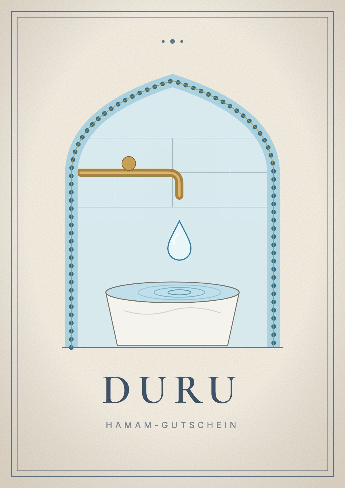 Gift voucher cover, Duru: a clear drop of water above the marble basin