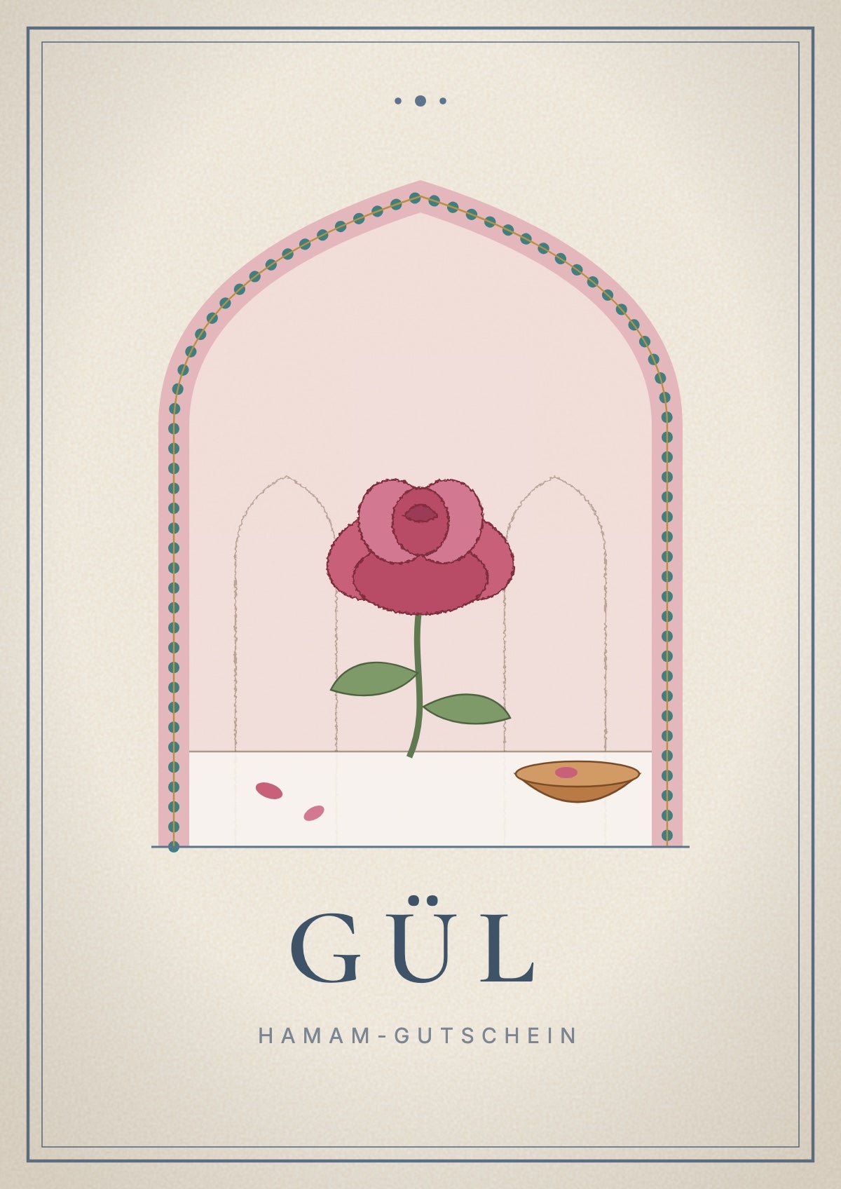 Gift voucher cover, Gül: a rose on marble with a copper bowl