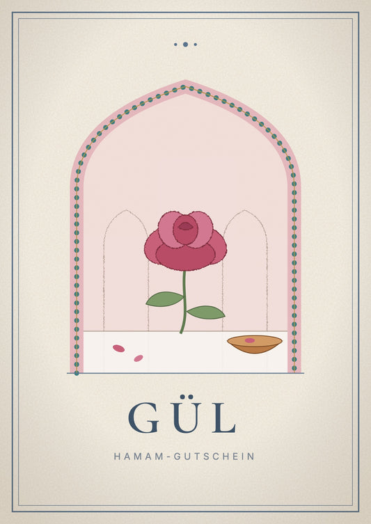 Gift voucher cover, Gül: a rose on marble with a copper bowl