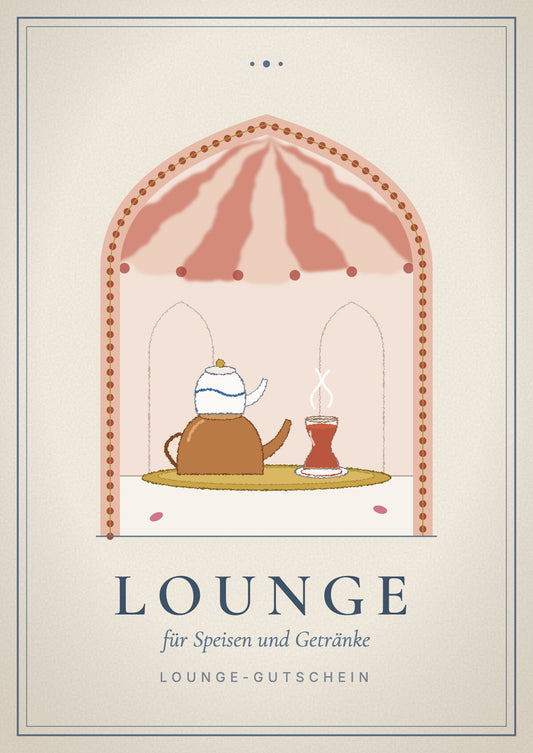 Gift voucher cover, lounge voucher: the tented ceiling of the lounge, a brass tray with teapot and tea glass