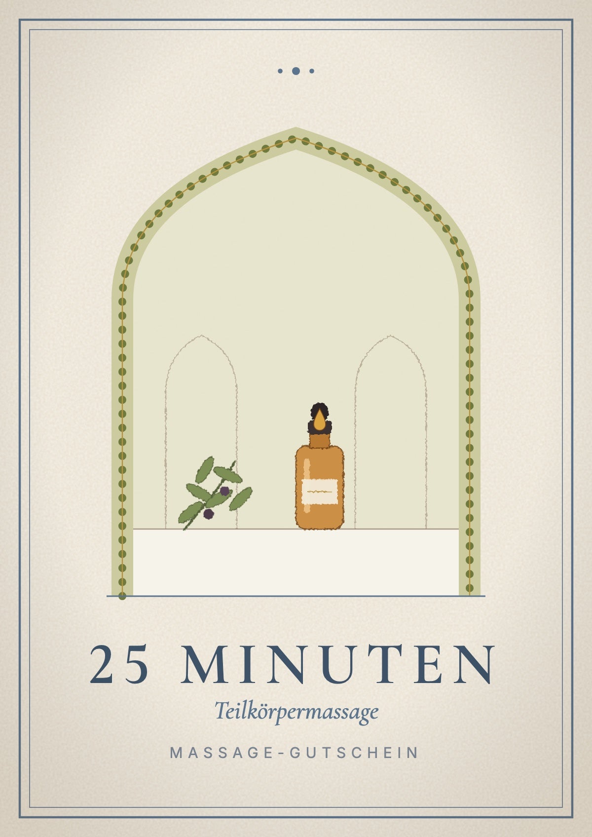 Gift voucher cover, partial body massage 25 minutes: massage oil with an olive branch