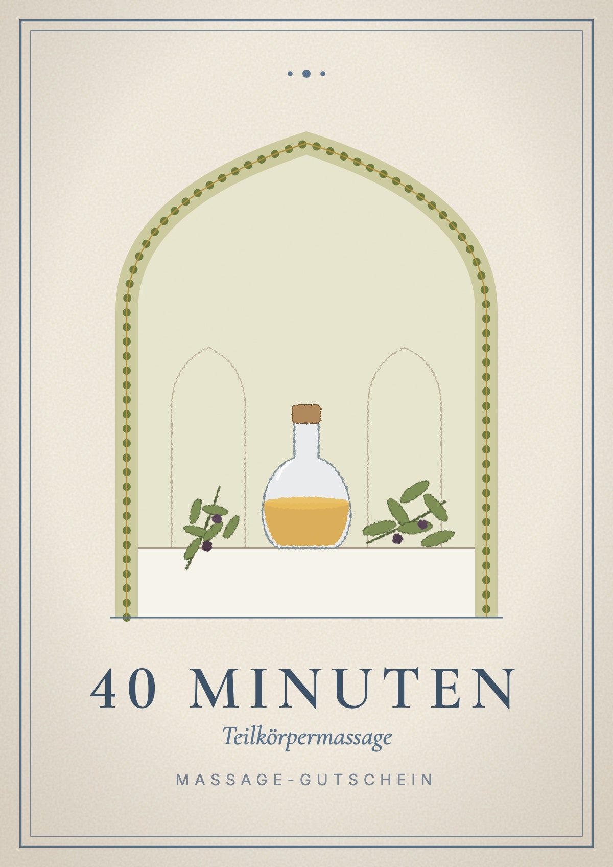 Gift voucher cover, partial body massage 40 minutes: glass bottle of olive oil