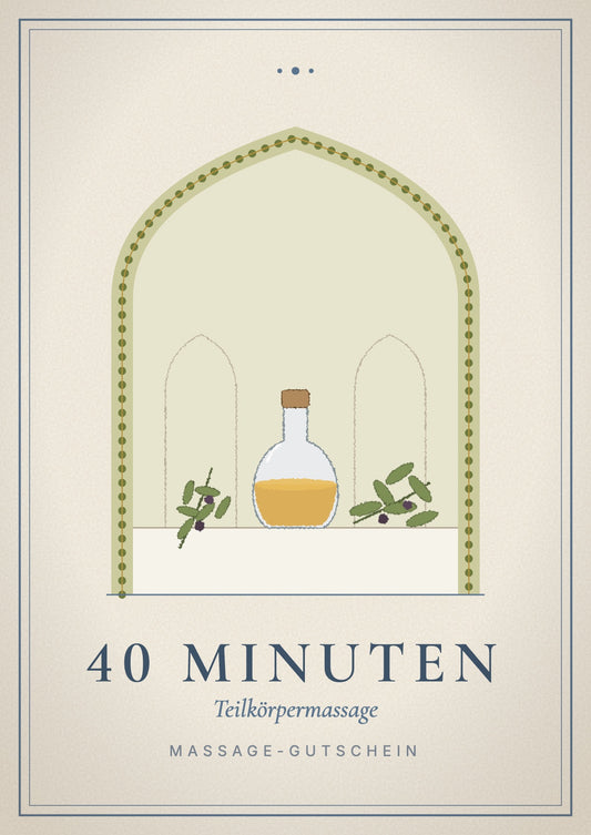 Gift voucher cover, partial body massage 40 minutes: glass bottle of olive oil