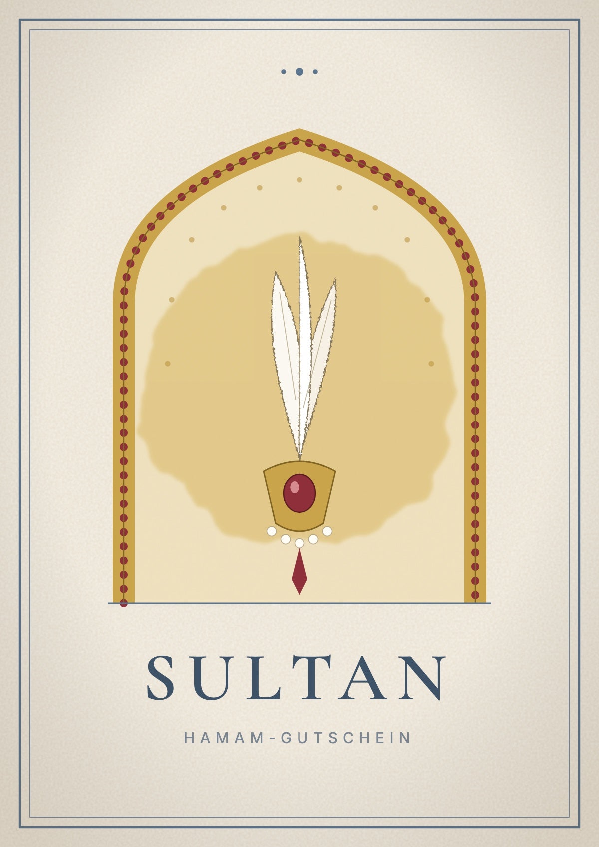 Gift voucher cover, Sultan: feather ornament with a ruby in front of a golden dome