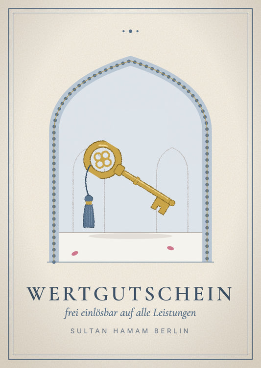 Gift voucher cover, gift card: ornate brass key with a silk tassel